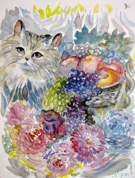 Кошка и цветы